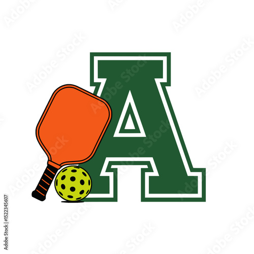 Pickleball letter A monogram with paddle and ball, Sports-themed monogram featuring a bold letter A with an orange pickleball paddle and a yellow perforated ball for branding use.

