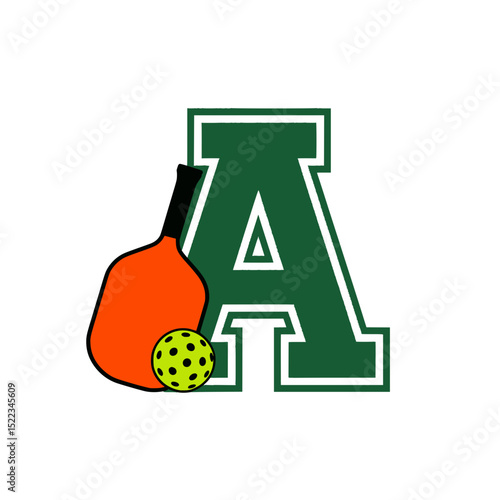 Pickleball letter A monogram with paddle and ball, Sports-themed monogram featuring a bold letter A with an orange pickleball paddle and a yellow perforated ball for branding use.

