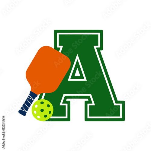 Pickleball letter A monogram with paddle and ball, Sports-themed monogram featuring a bold letter A with an orange pickleball paddle and a yellow perforated ball for branding use.

