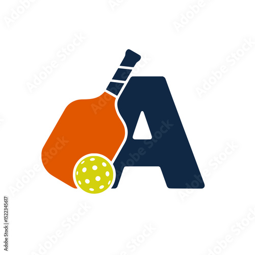 Pickleball letter A monogram with paddle and ball, Sports-themed monogram featuring a bold letter A with an orange pickleball paddle and a yellow perforated ball for branding use.

