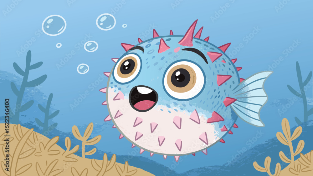 Fototapeta premium blue cartoon pufferfish with a surprised expression and tiny spikes cute kawaii style marine creature of ocean.