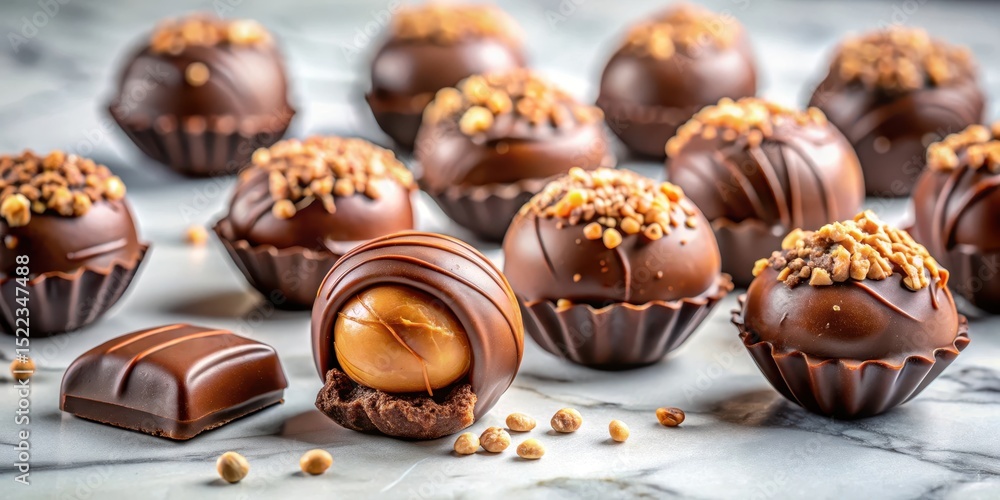 Dark chocolate truffles with creamy hazelnut and caramel filling on a marble background Dark chocolate truffles with creamy hazelnut and caramel filling on a marble background