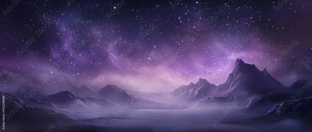 Fototapeta premium Vibrant cosmic landscape with colorful nebula and distant mountains at twilight over a tranquil ocean