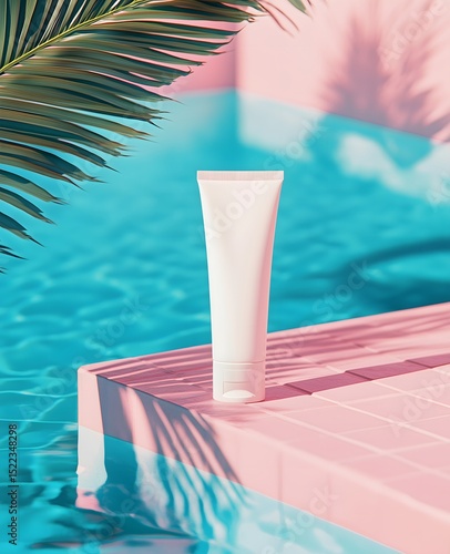 Sunscreen Product on Pink Poolside in Summer Generating AI