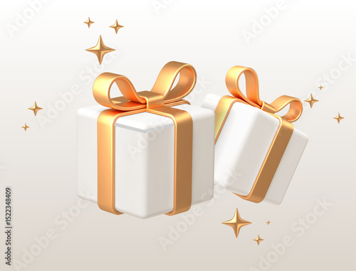 3D illustration of two white gift boxes wrapped with shiny golden ribbons, surrounded by sparkling stars on a clean white background. A luxurious and festive concept perfect for celebration and holida