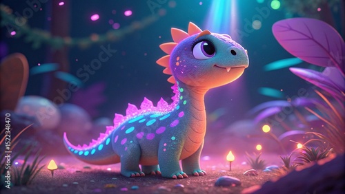 Fototapeta Naklejka Na Ścianę i Meble -  Cute green cartoon baby dragon or dinosaur in the sea