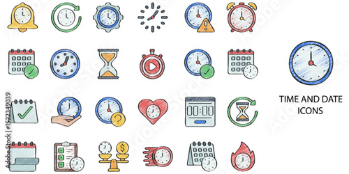 Time and Date simple concept 24 hand drawn color icons set .Vector illustration.