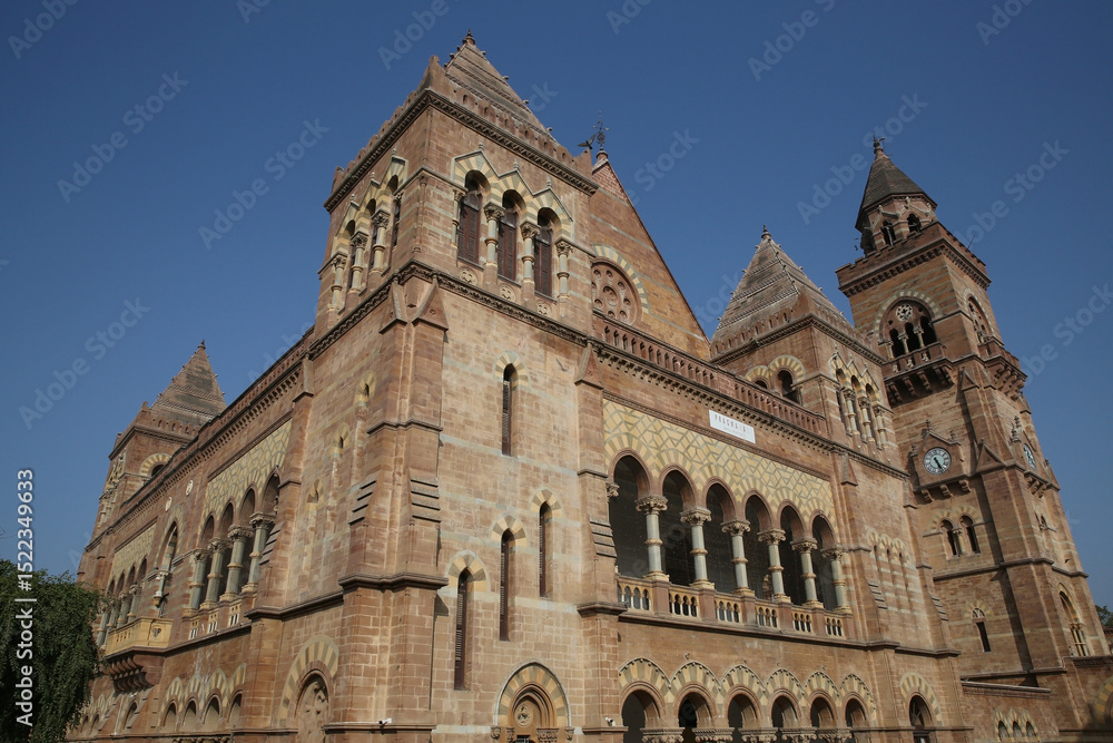 Fototapeta premium Prag Mahal Palace, historical building in Bhuj city, Gujarat, India. Beautiful architecture, landmark, monument, sight. Italian Gothic style. Facade of Prag Mahal