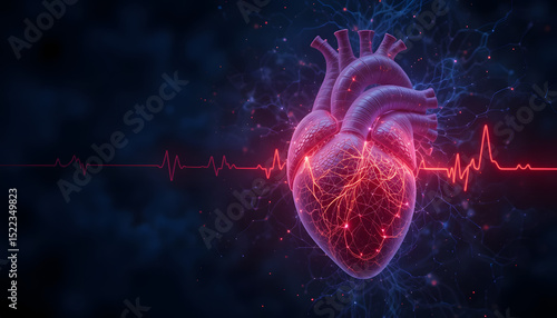 Title: Glowing Human Heart with ECG Pulse, Futuristic Medical and Cardiovascular Health Concept