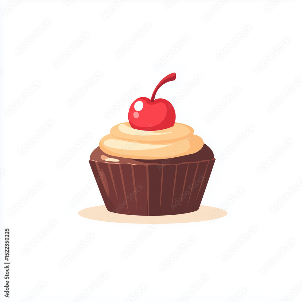 Chocolate cupcake with cherry on top, World Chocolate Day celebration, flat illustration, minimalist style, isolated on white background. Chocolate cupcake with cherry on top, World Chocolate Day celebration, flat illustration, minimalist style, isolated on white background.