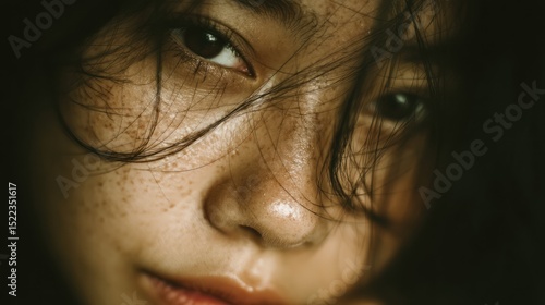 Nostalgic Sadness - Soft reflection in the eyes, half-smile present but deeply introspective