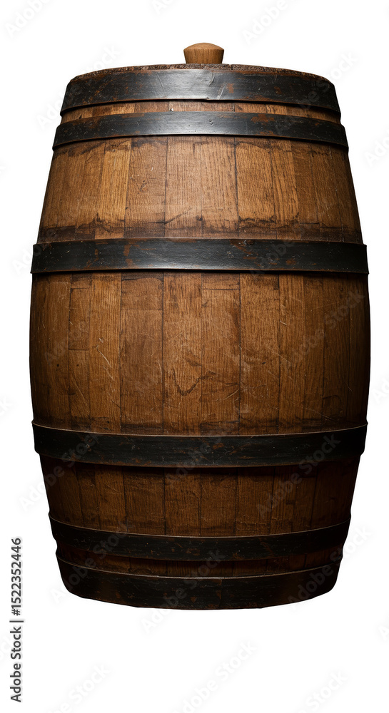 Obraz premium Isolated Transparent Background of Wooden Barrel with Metal Hoops
