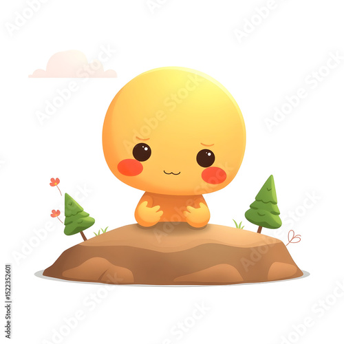 It features a cute, cartoon-like character with a large, round head and a cheerful expression.