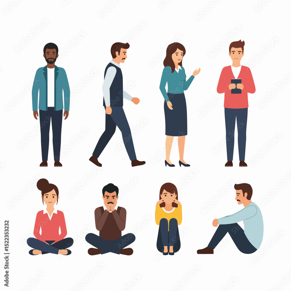 Diversity people group standing and sitting set Diversity people group standing and sitting set