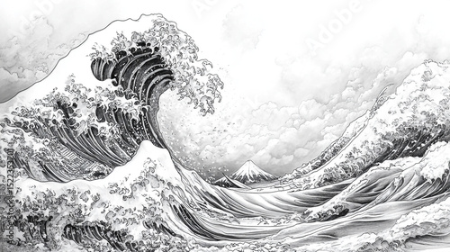 Dramatic great wave off kanagawa pencil sketch art print monochrome ocean wave. sea