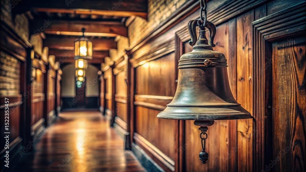 Fototapeta premium Ancient school bell hanging on a wooden wall in a dimly lit hallway