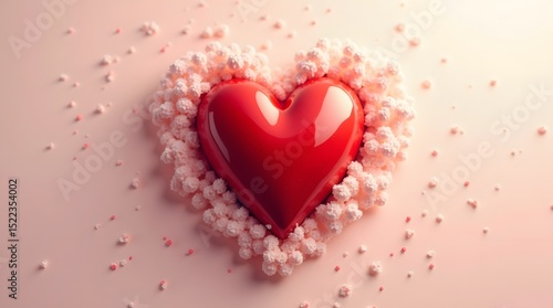A glossy red heart surrounded by fluffy pink popcorn on a soft pastel backdrop.