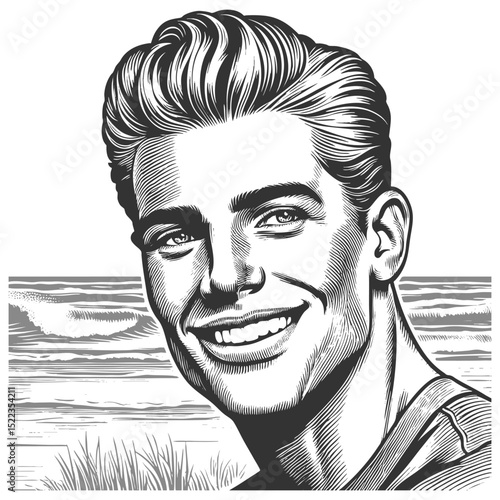 cheerful man in a suit smiling confidently near a beach at sunset with palm trees sketch engraving generative ai fictional character vector illustration. Scratch board imitation. Black and white image