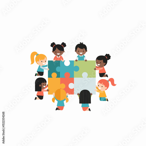 Children assembling colorful jigsaw puzzle with teamwork concept
