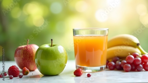 Fototapeta Naklejka Na Ścianę i Meble -  Fresh fruits and juice arranged beautifully, featuring green and red apples, strawberries, bananas, and a glass of orange juice.