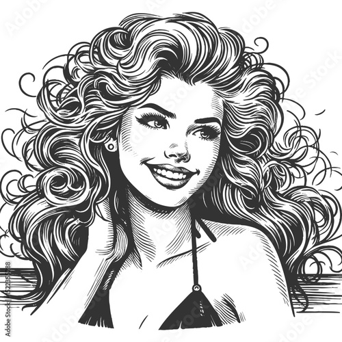 cheerful woman in a bikini, featuring voluminous curly hair and a confident, radiant smile sketch engraving generative ai fictional character vector illustration. Scratch board. Black and white image.