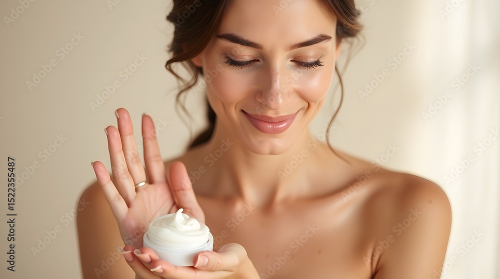 Young Caucasian woman happily holds a jar of cream, showcasing her radiant skin and natural beauty. Young Caucasian woman happily holds a jar of cream, showcasing her radiant skin and natural beauty.