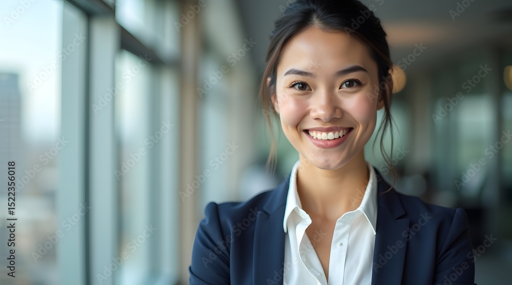 Confident young Asian woman with a radiant smile in modern office setting. Confident young Asian woman with a radiant smile in modern office setting.
