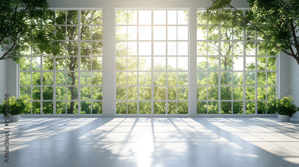 Bright White Room with Large Windows and Sunlight Streaming Through Green Trees Bright White Room with Large Windows and Sunlight Streaming Through Green Trees