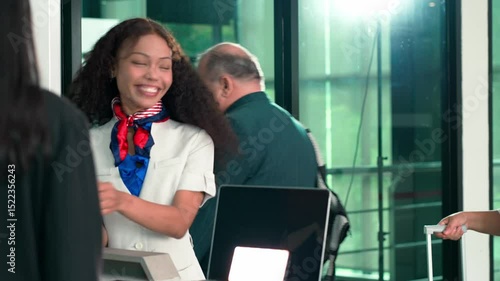 Airport Ground Staff Verifying Passport and Boarding Pass for International Passengers at Check-in Counter with Professional Airline Service