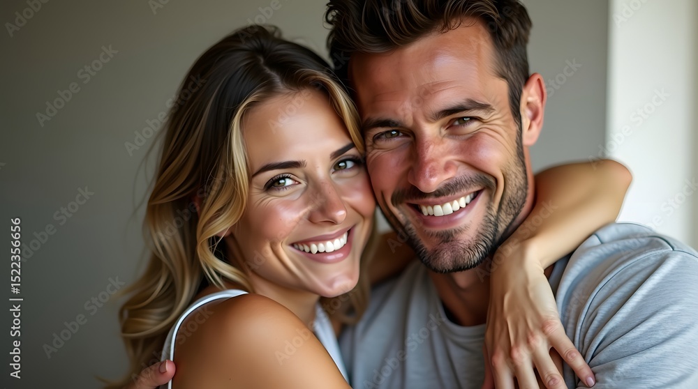 Joyful couple embracing, showcasing love and happiness in a warm, intimate setting. Joyful couple embracing, showcasing love and happiness in a warm, intimate setting.