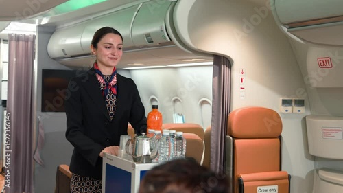 Flight Attendant Serving Water to Airline Passenger During In-Flight Service on Airplane Showing Professional Hospitality and Airline Crew Care