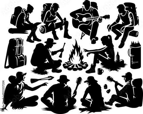 Group of campers enjoying a campfire gathering in nature  