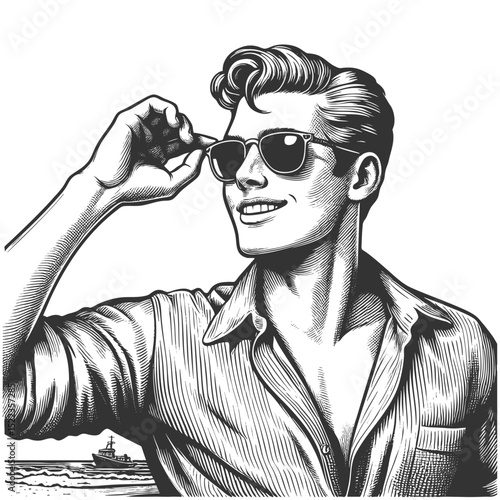 man adjusting his sunglasses, with a boat on the water in the background sketch engraving generative ai fictional character vector illustration. Scratch board imitation. Black and white image.