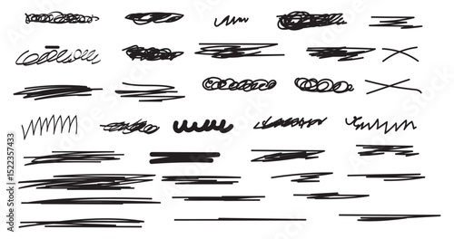 Black grunge strike through and underline elements. Set of hand drawn red pencil lines and strokes. Doodle vector ink brush lines. Crosses and curved strokes.