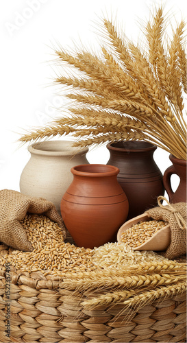 Isolated Wheat Harvest with Grain Jars and Sacks Transparent
