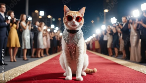 Stylish Cat on Red Carpet Celebrity Feline in Sunglasses Paparazzi Flashing