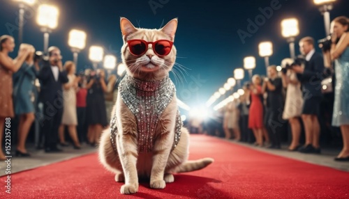 Fashionable Cat on Red Carpet Wearing Sunglasses and Sparkling Outfit Celebrity Pet