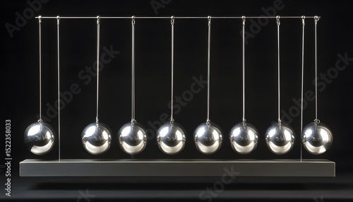 Polished metal spheres suspended on strings, arranged in a newton's cradle.