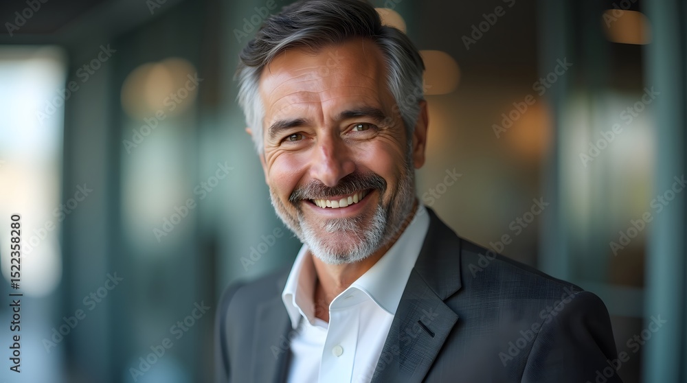 Fototapeta premium Smiling middle-aged Caucasian man in a tailored suit, exuding confidence and professionalism in a bright office setting.