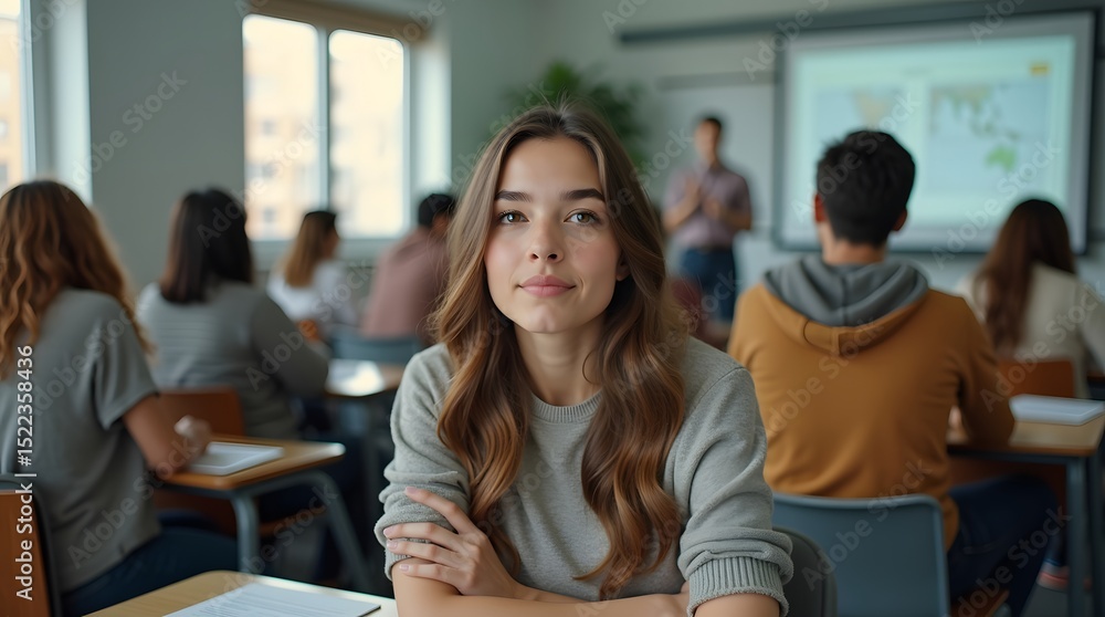 Fototapeta premium A young Caucasian woman sits confidently in a classroom, engaged and ready to learn, with classmates focused on the instructor in the background.