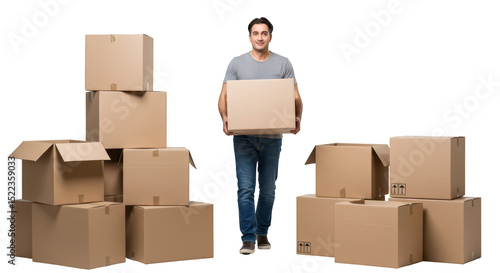 Man Carrying Stack of Cardboard Moving Boxes On Transparent Background