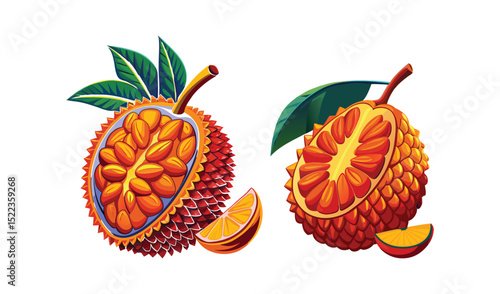 Photo of vibrant illustrations of exotic fruits, a spiky red and orange pulp revealed, isolated on white background