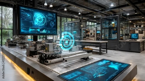 Futuristic technological laboratory with holographic displays and advanced equipment, showcasing innovative research