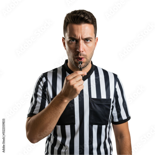 Photo of Referee with Whistle in Black and White Striped Uniform