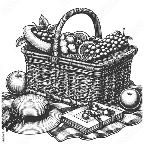 picnic basket filled with fruit, sunhat, and an open book on a checkered blanket, ideal for summer themes sketch engraving generative ai vector illustration. Scratch board imitation. Black and white.
