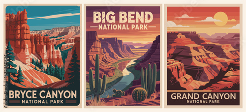 Set of retro USA National Parks travel posters featuring Grand Canyon, Bryce Canyon, and Big Bend. Vintage style vector illustrations perfect for travel and adventure designs.