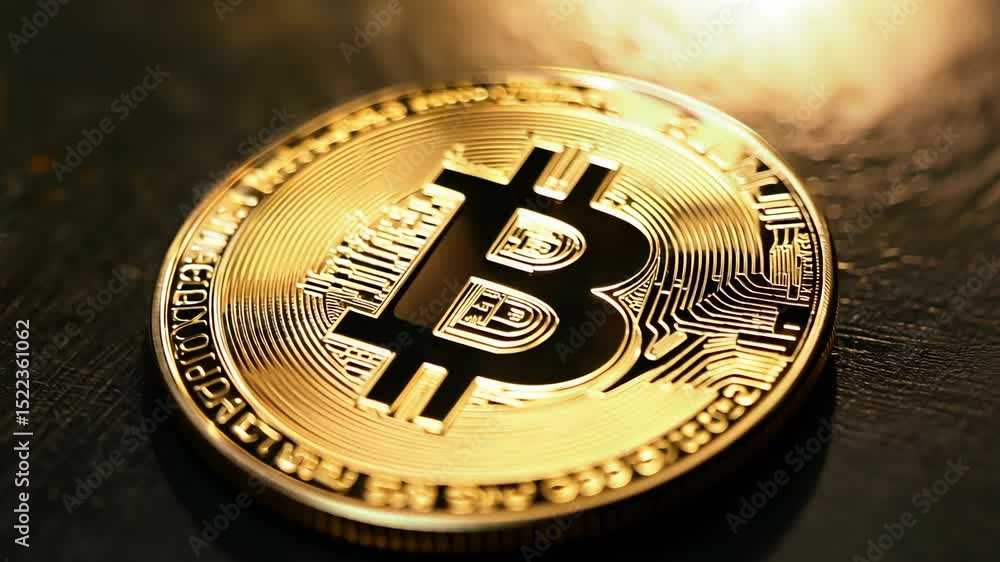 Rotating golden bitcoin shimmering under warm illumination, symbolizing digital financial innovation against dark backdrop Rotating golden bitcoin shimmering under warm illumination, symbolizing digital financial innovation against dark backdrop