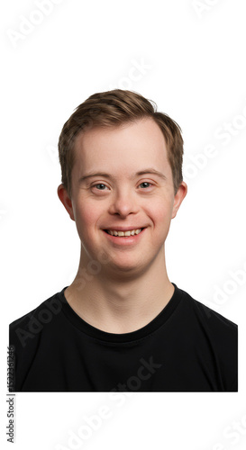 Portrait Young Man with Down Syndrome Smiling Isolated on Transparent