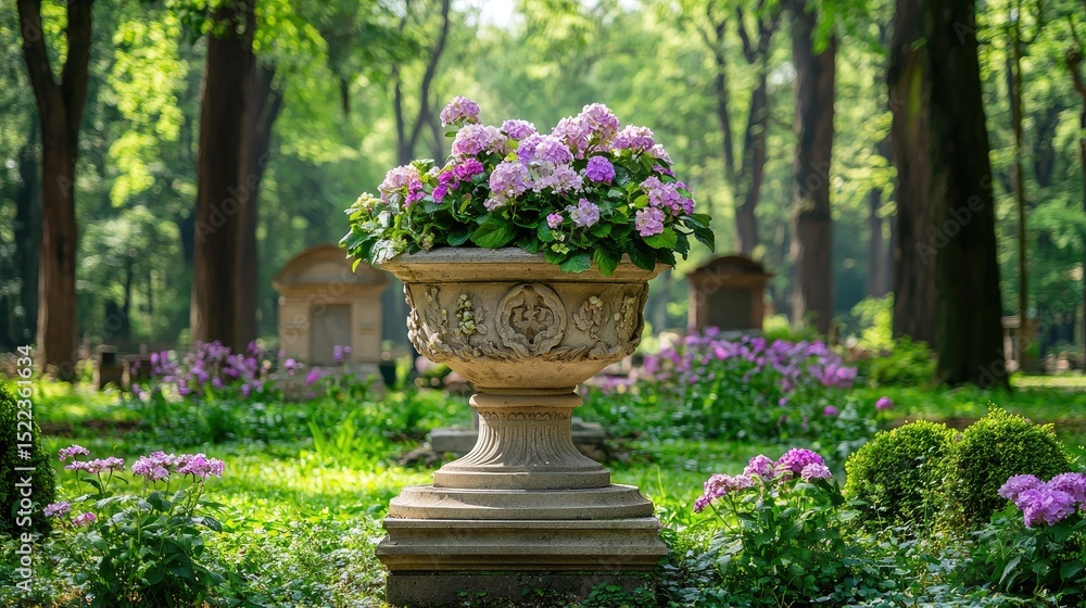 Fototapeta premium Serene Garden with Flower Pot Surrounded by Lush Greenery