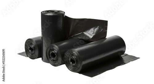 Realistic Black Plastic Garbage Bags Rolls on Transparent Background